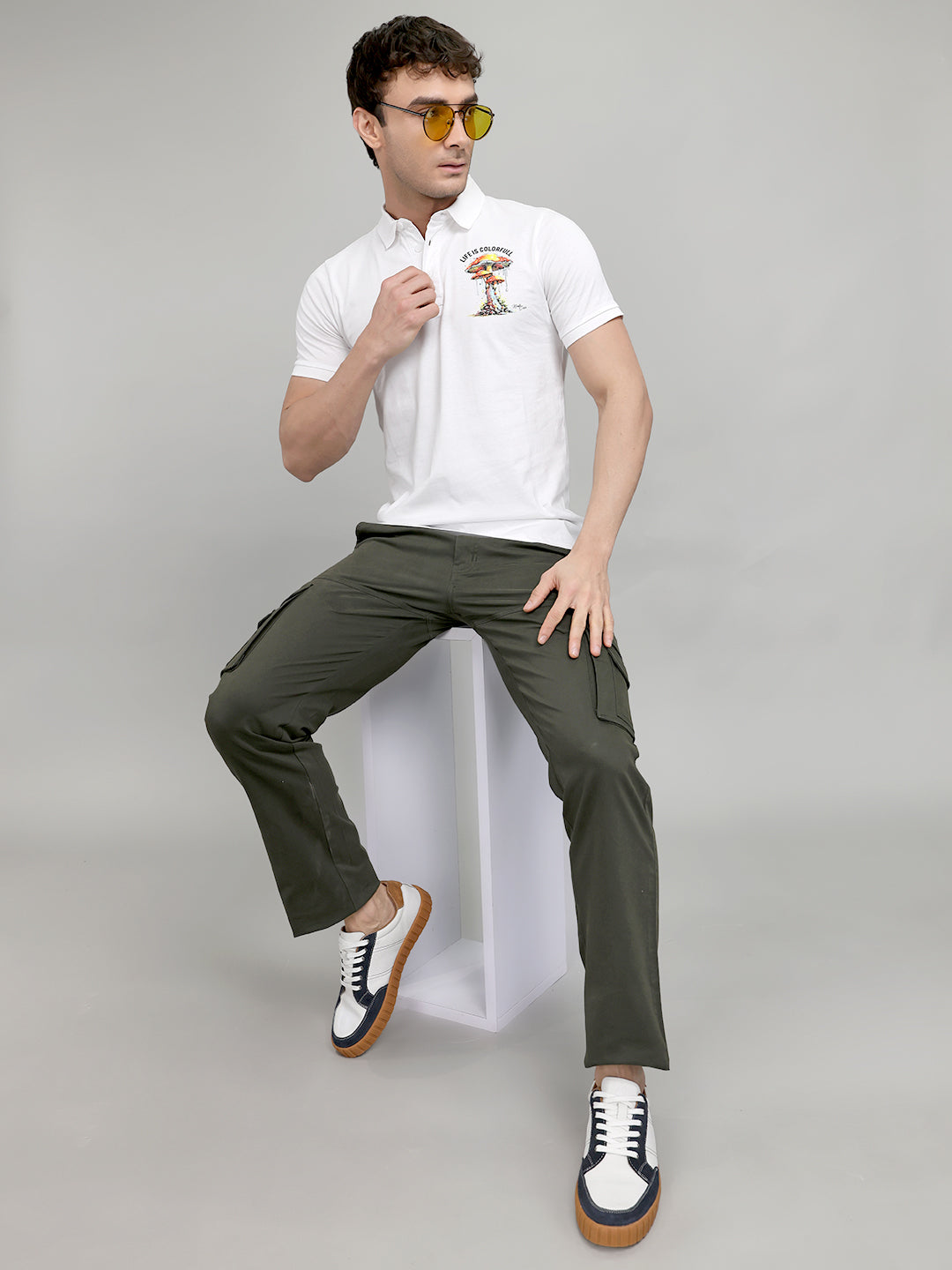 Men White Printed Collar Half Sleeve T-Shirt