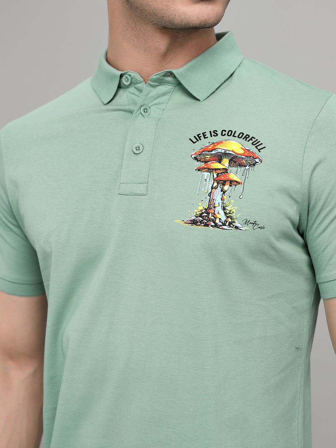 Men Green Printed Collar Half Sleeve T-Shirt