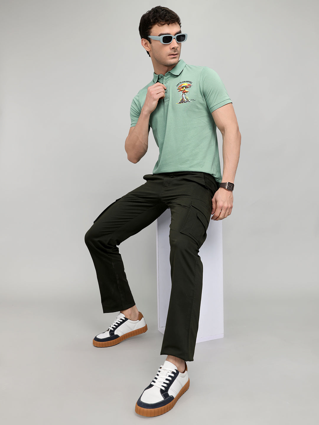Men Green Printed Collar Half Sleeve T-Shirt