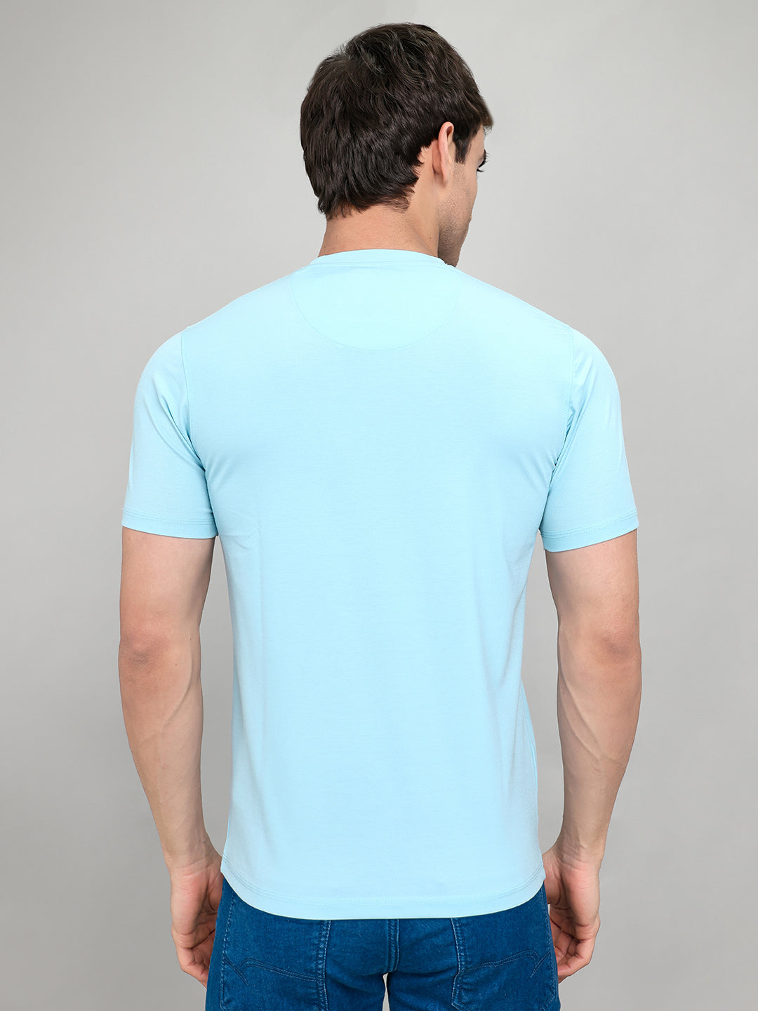 Men Sky Blue Printed Round Neck Half Sleeve T-Shirt