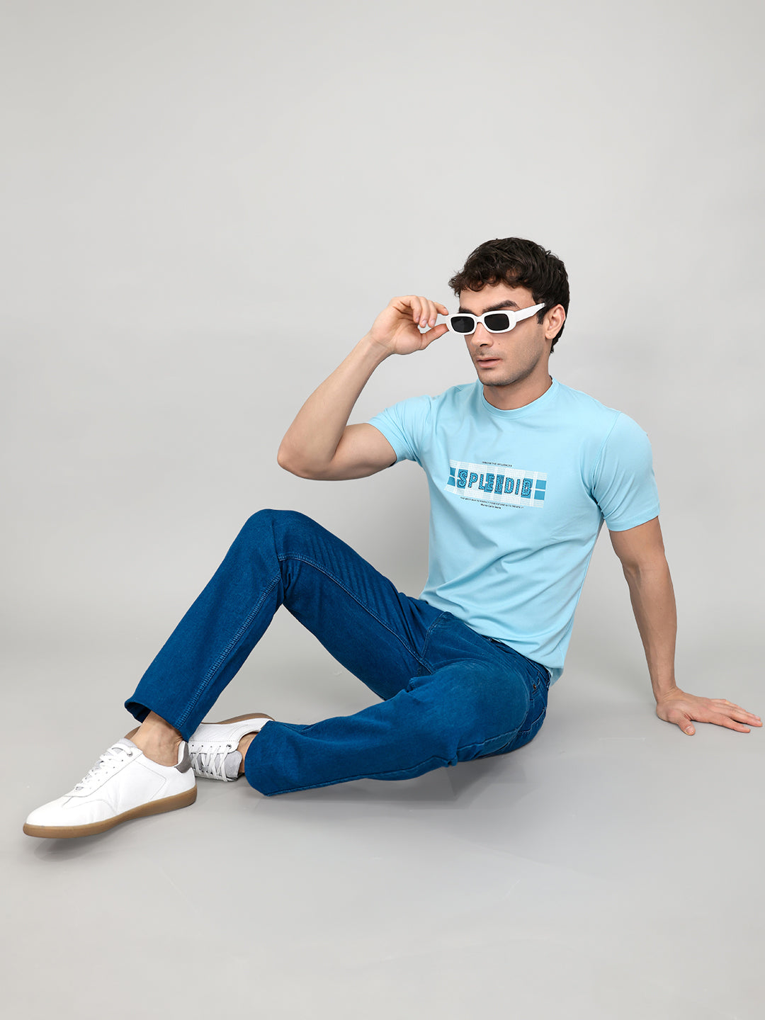 Men Sky Blue Printed Round Neck Half Sleeve T-Shirt