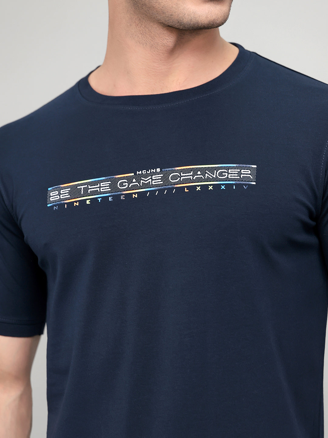 Men Navy Blue Printed Round Neck Half Sleeve T-Shirt