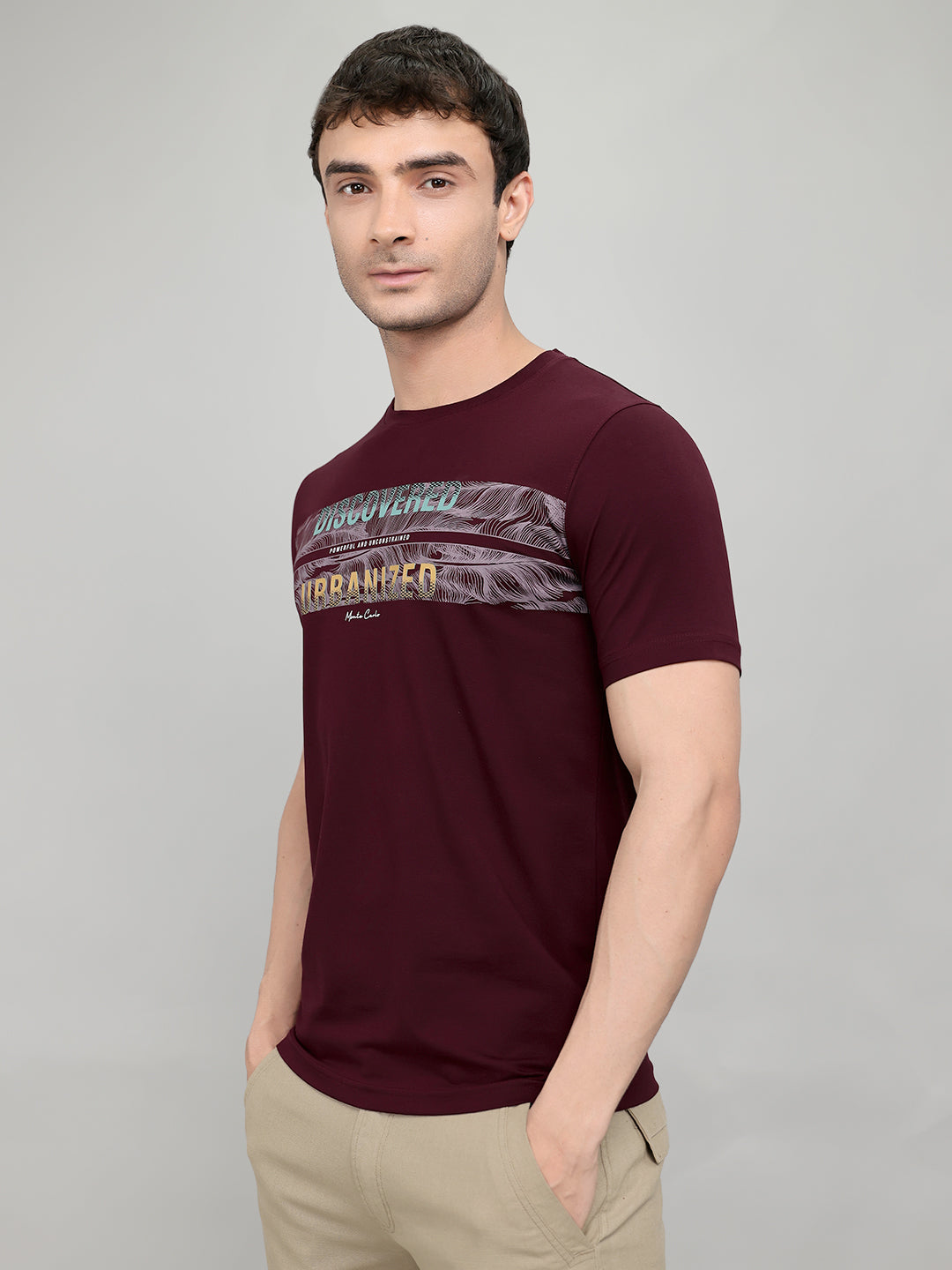 Men Maroon Printed Round Neck Half Sleeve T-Shirt