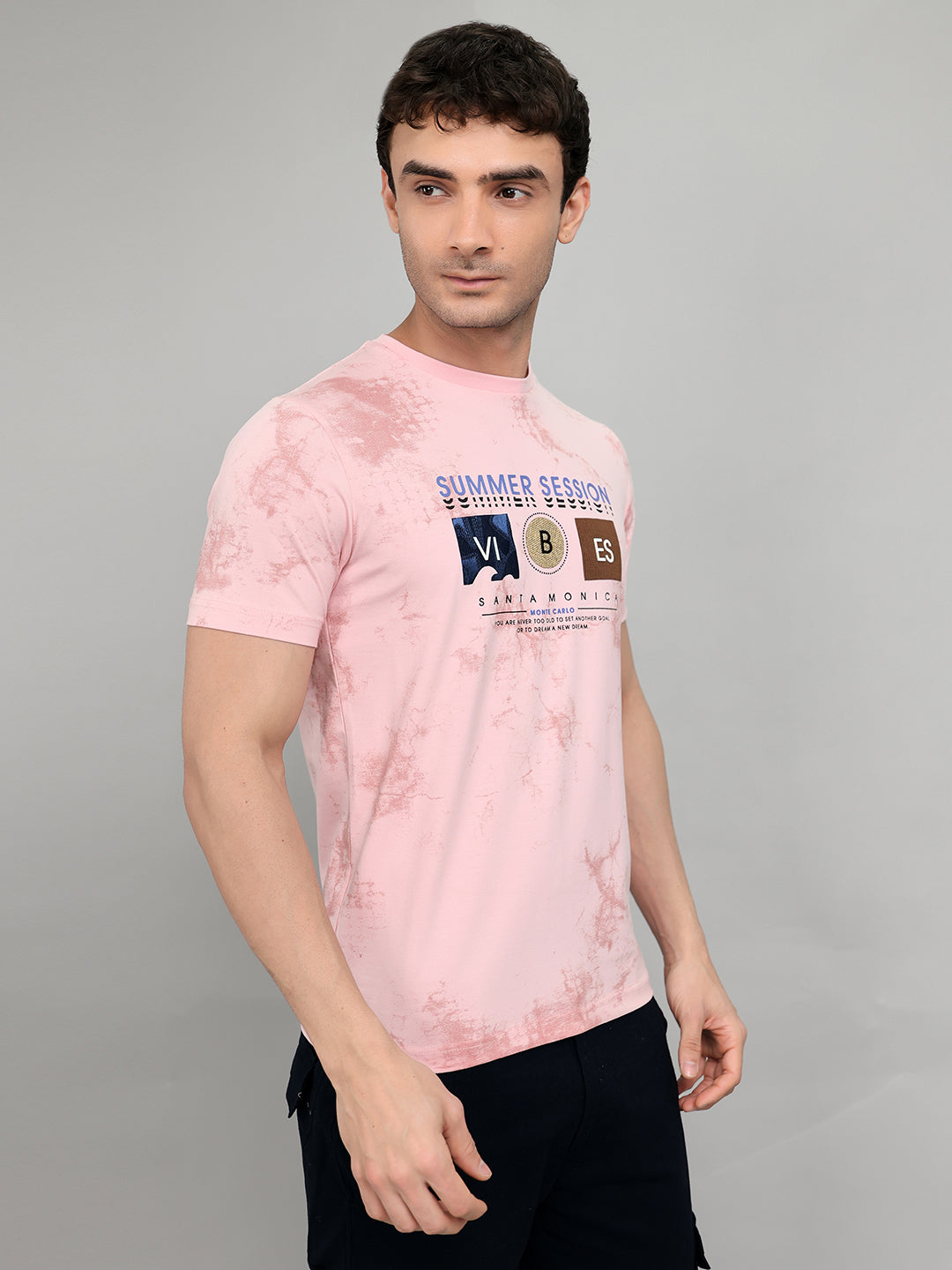 Men Pink Printed Round Neck Half Sleeve T-Shirt