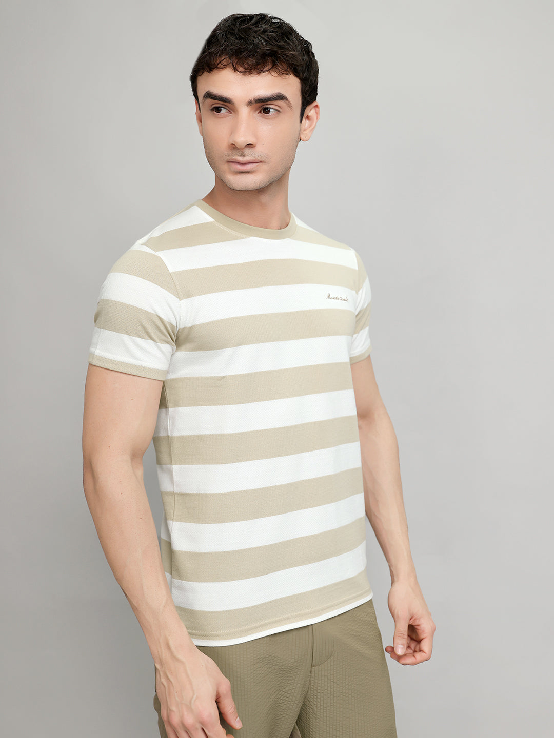 Men Beige Stripe Round Neck Half Sleeve T-Shirt