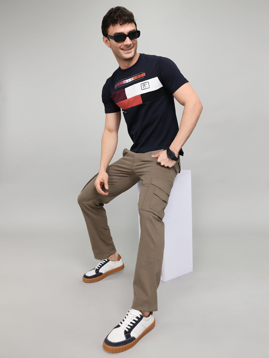 Men Navy Blue Printed Round Neck Half Sleeve T-Shirt