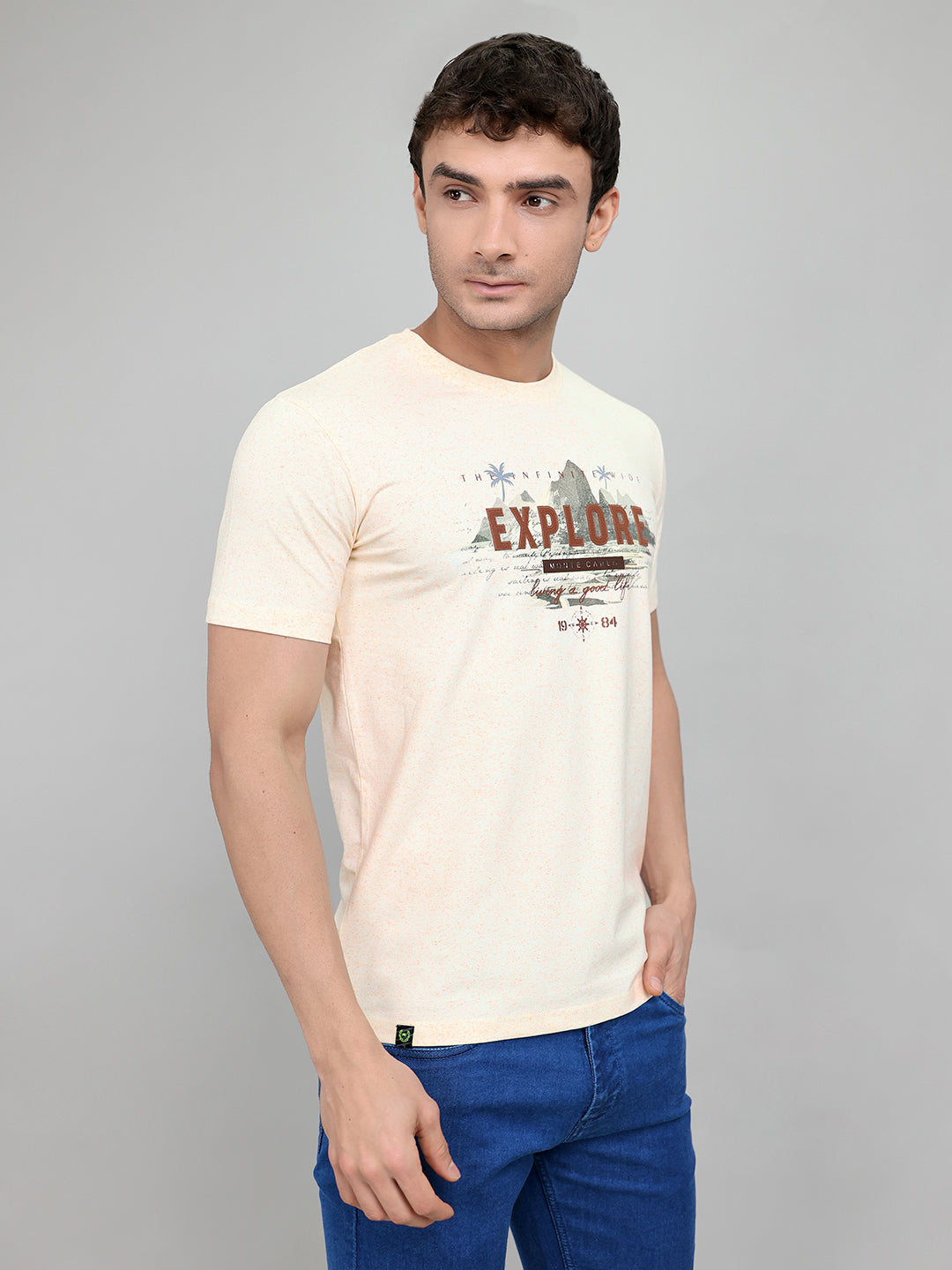 Men Beige Printed Round Neck Half Sleeve T-Shirt