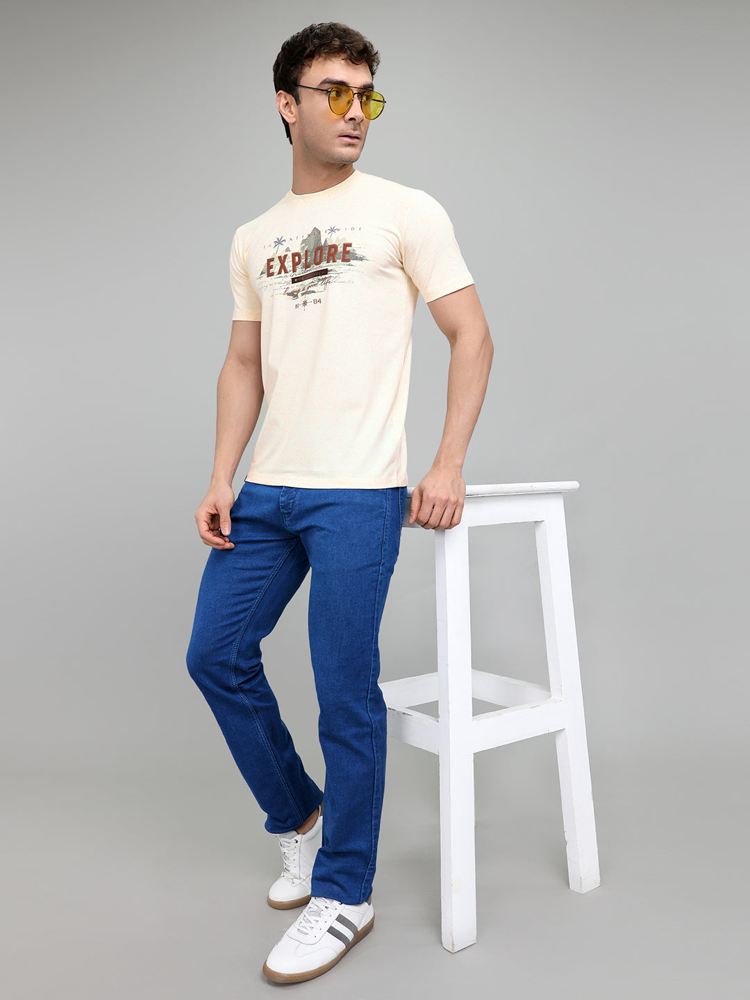 Men Beige Printed Round Neck Half Sleeve T-Shirt