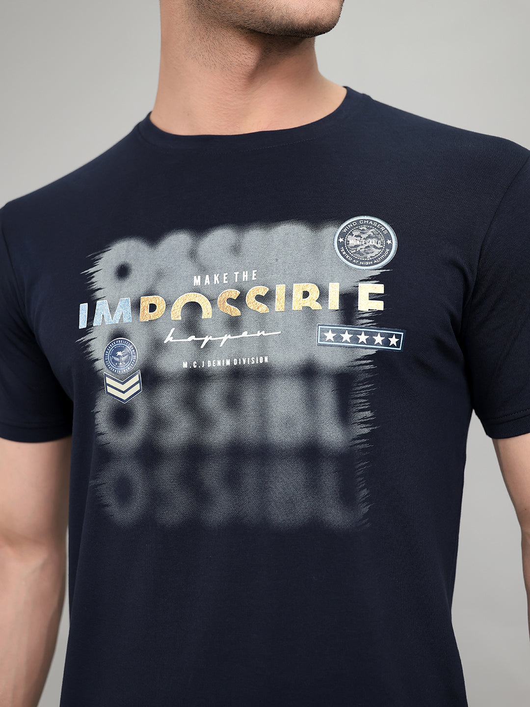 Men Navy Blue Printed Round Neck Half Sleeve T-Shirt