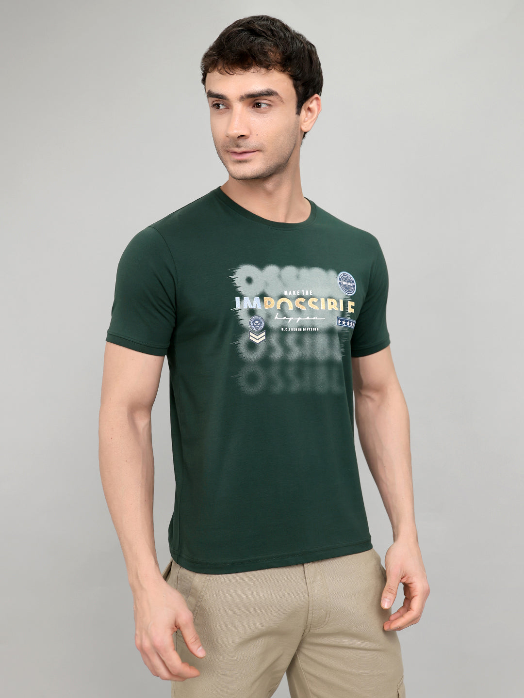 Men Green Printed Round Neck Half Sleeve T-Shirt
