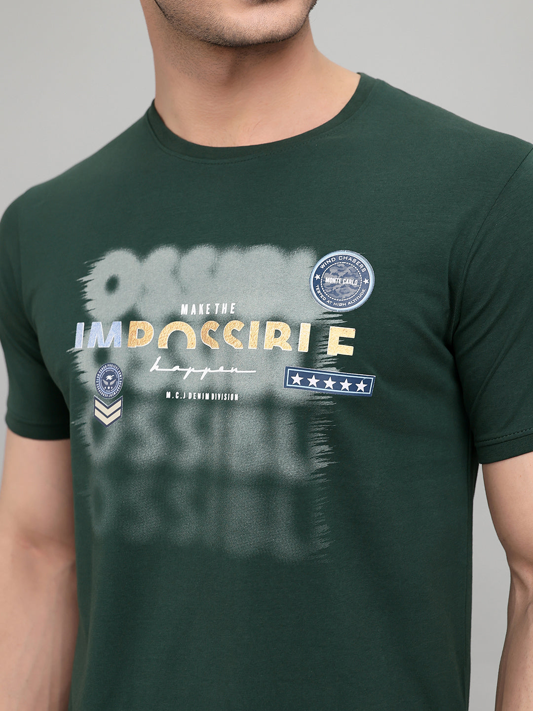 Men Green Printed Round Neck Half Sleeve T-Shirt