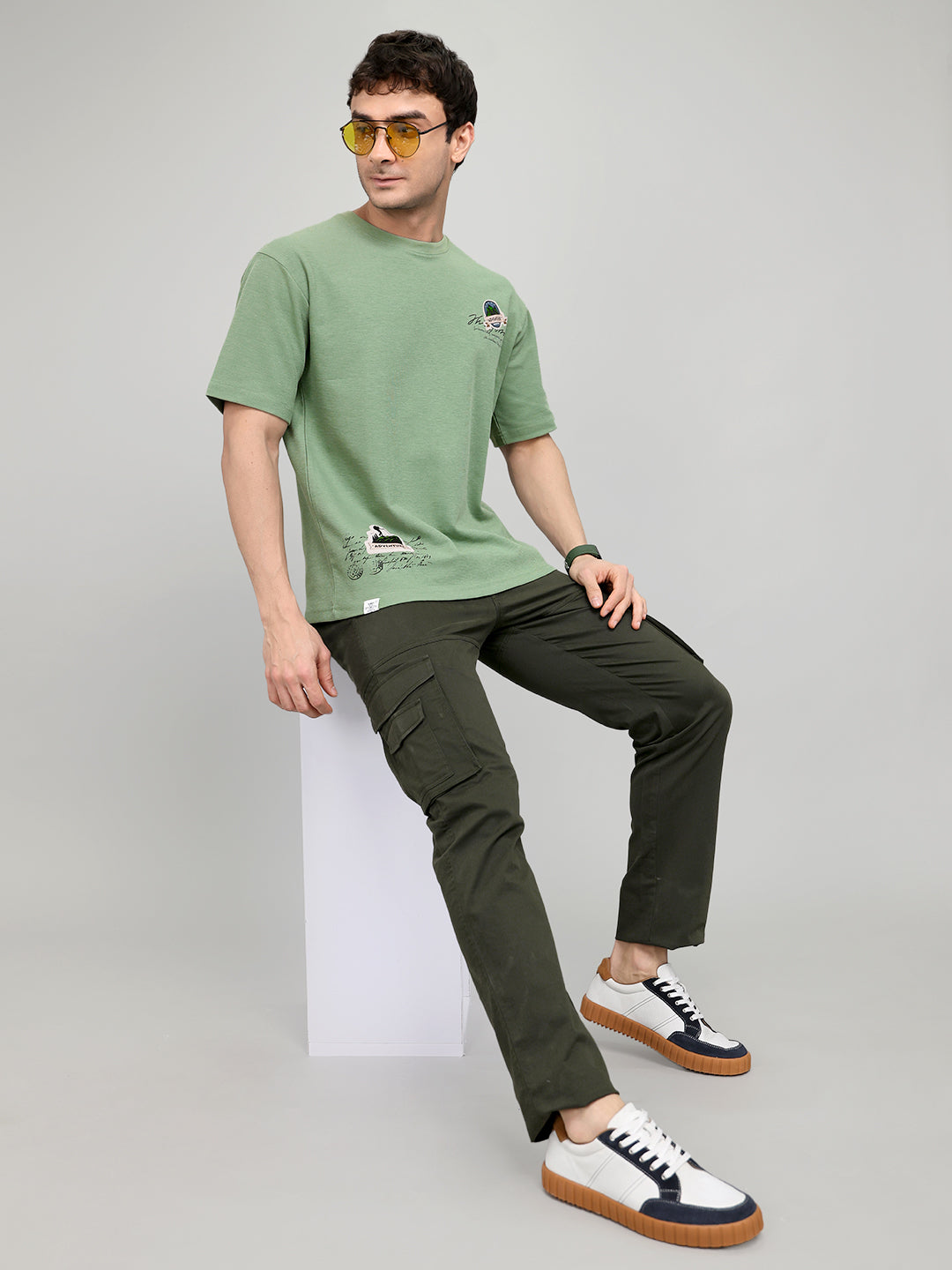 Men Green Printed Round Neck Half Sleeve T-Shirt