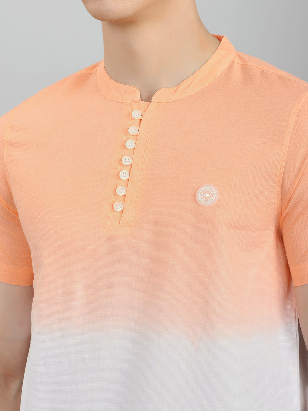 Men Peach Printed Henley Neck Half Sleeve T-Shirt