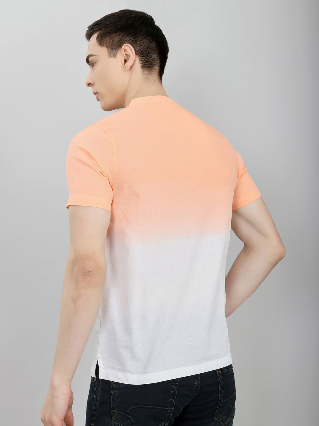 Men Peach Printed Henley Neck Half Sleeve T-Shirt