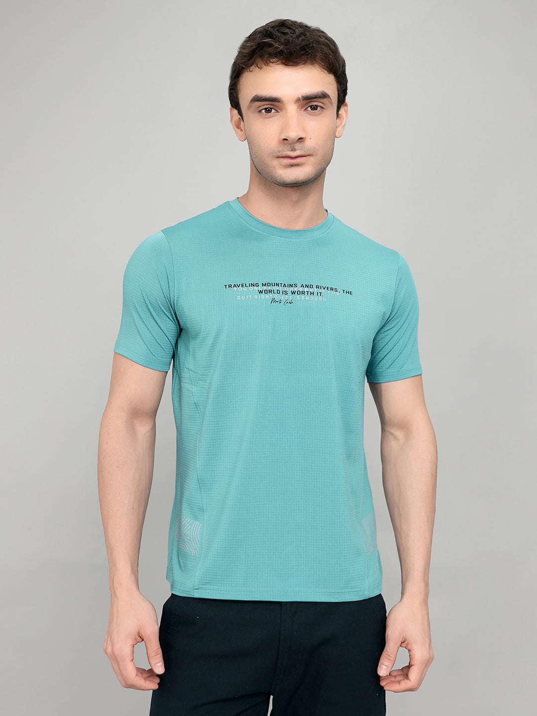 Men Blue Printed Round Neck Half Sleeve T-Shirt