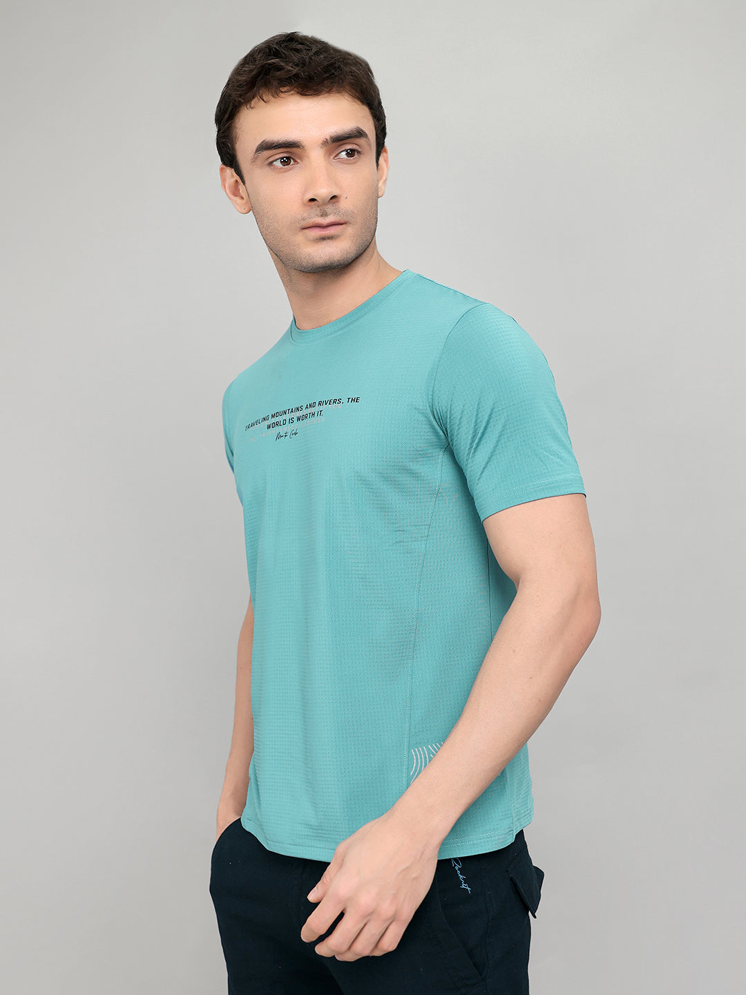 Men Blue Printed Round Neck Half Sleeve T-Shirt