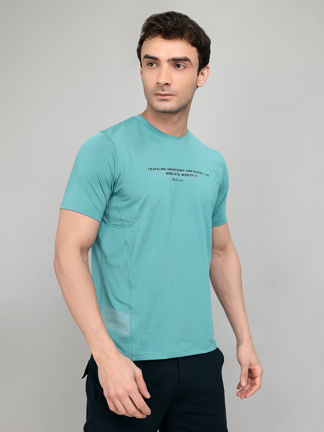 Men Blue Printed Round Neck Half Sleeve T-Shirt
