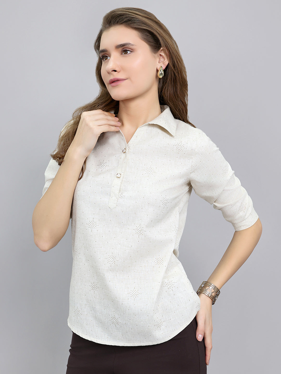 Women Beige Embellished Collar 3/4th Sleeve Top