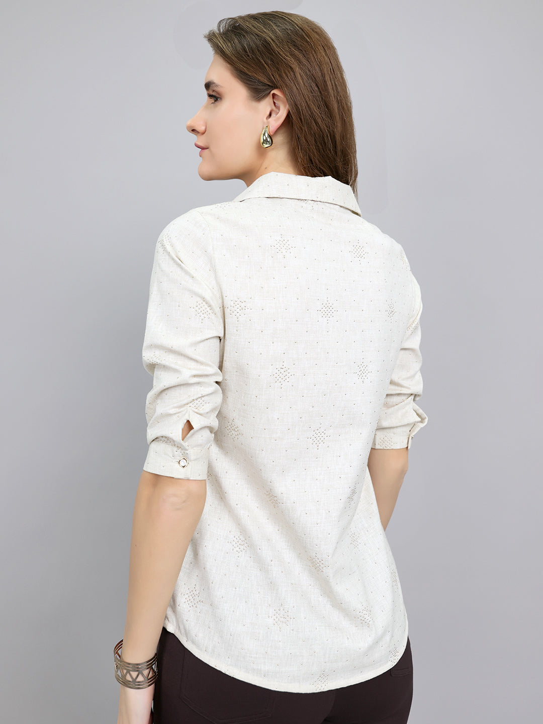 Women Beige Embellished Collar 3/4th Sleeve Top