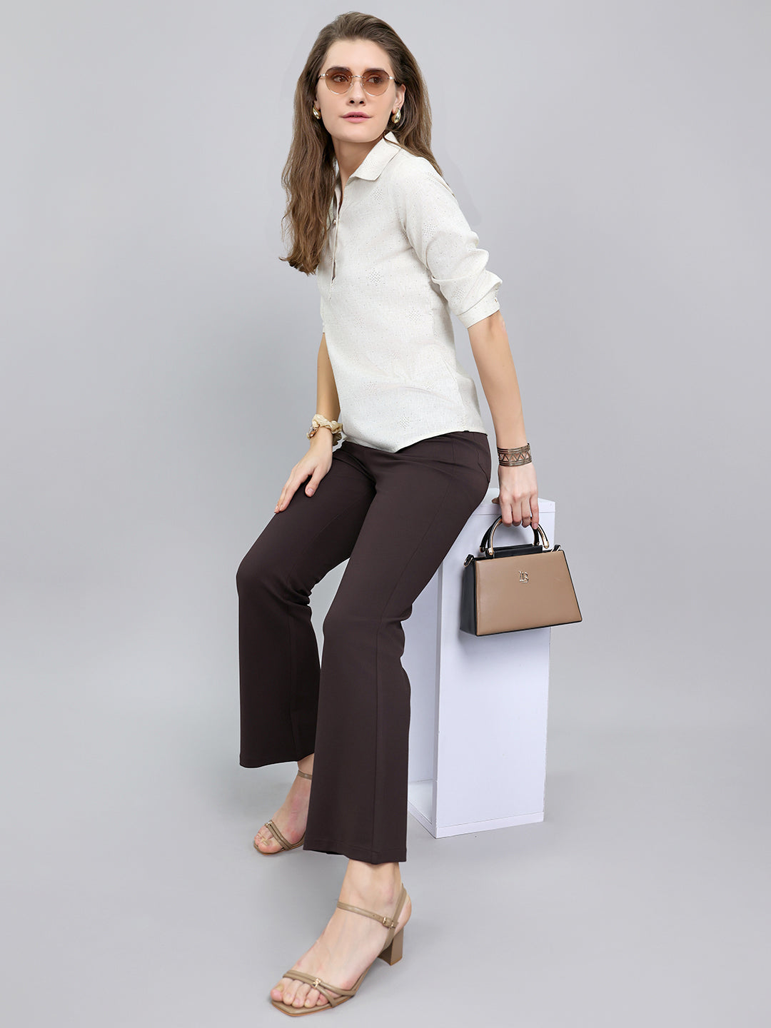 Women Beige Embellished Collar 3/4th Sleeve Top