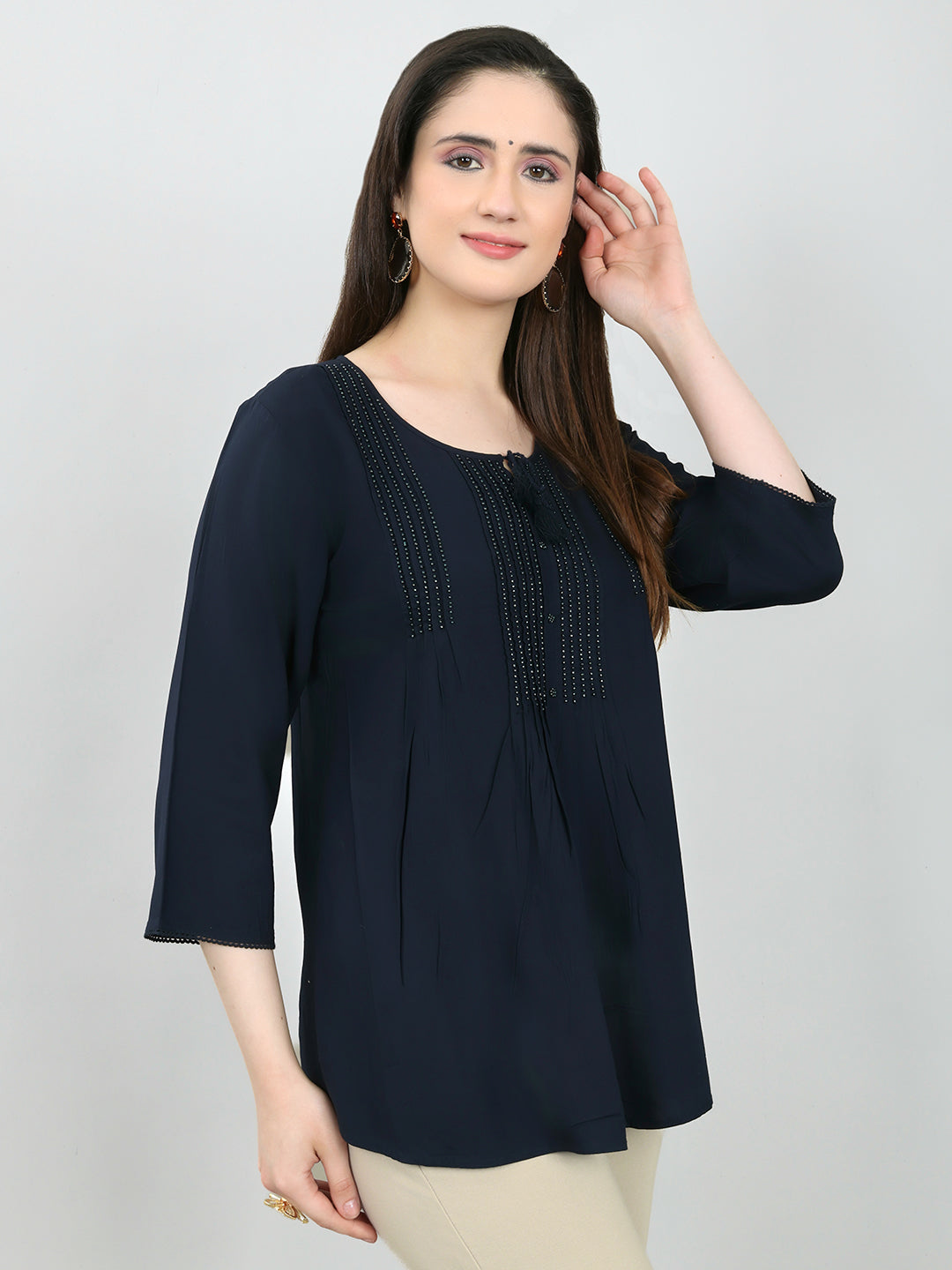 Women Navy Blue Embroidered Fashion Neck Top