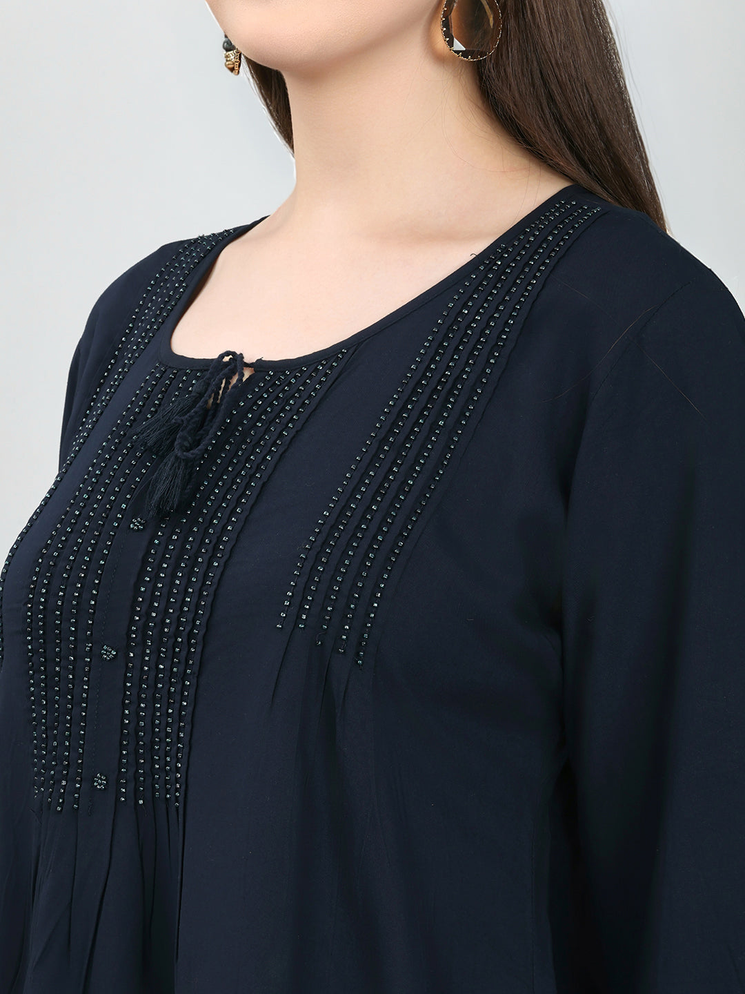 Women Navy Blue Embroidered Fashion Neck Top