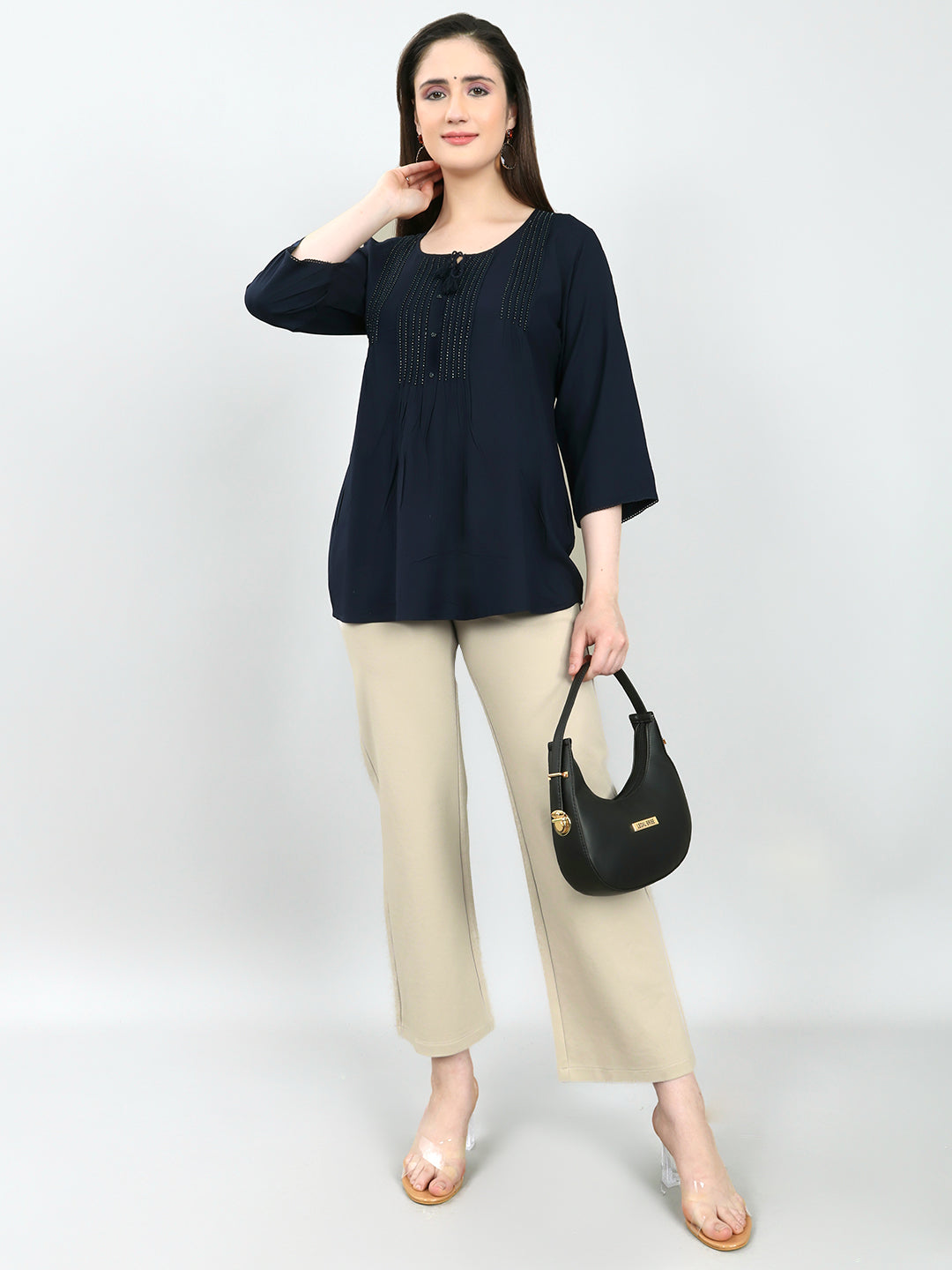 Women Navy Blue Embroidered Fashion Neck Top