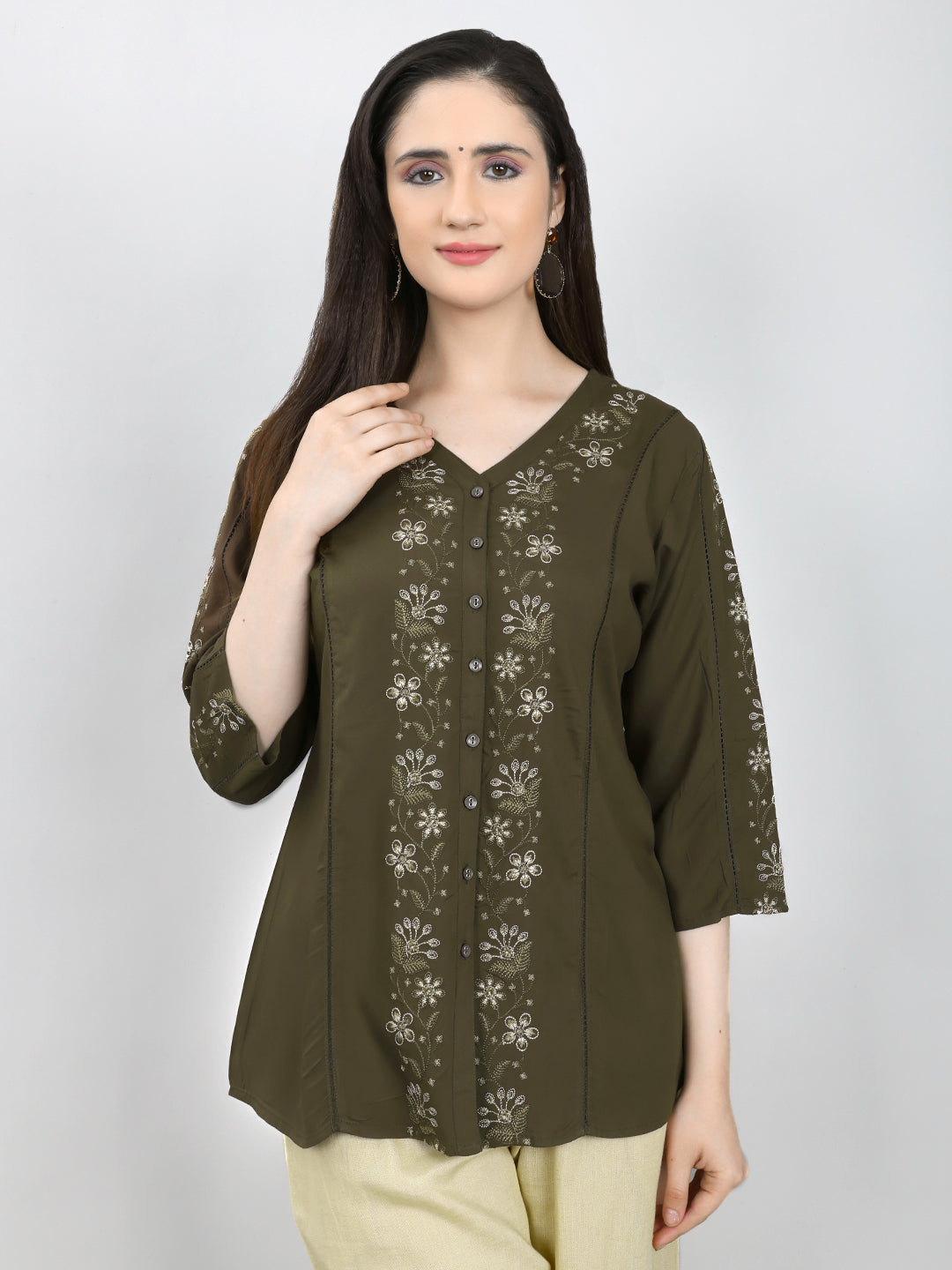 Women Olive Embroidered V Neck 3/4th Sleeve Top