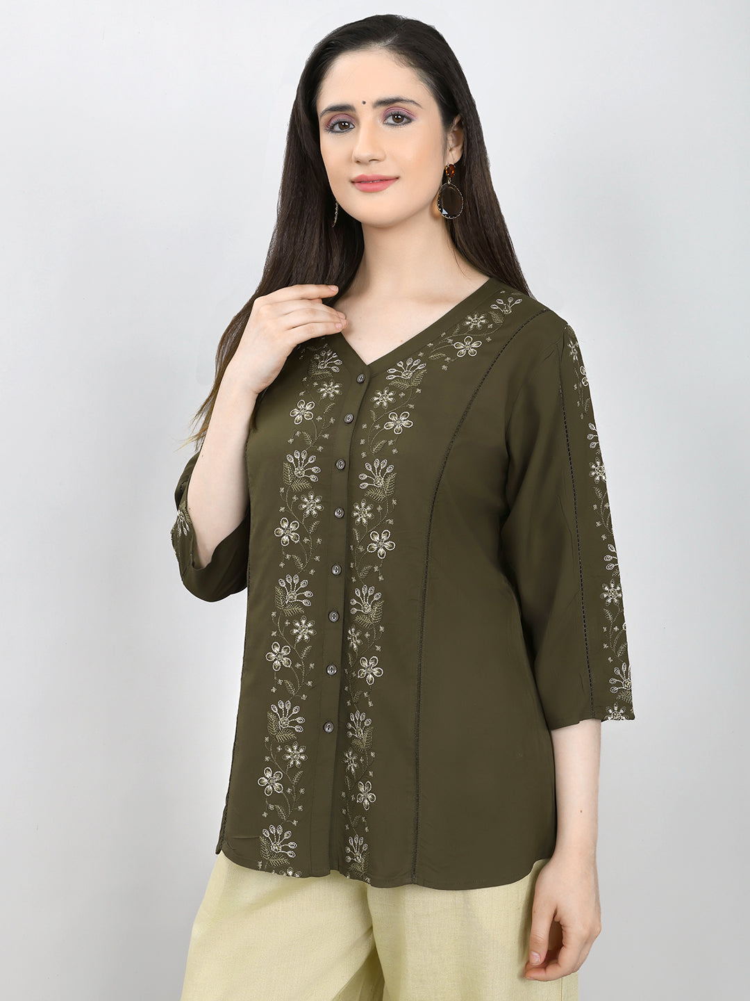 Women Olive Embroidered V Neck 3/4th Sleeve Top
