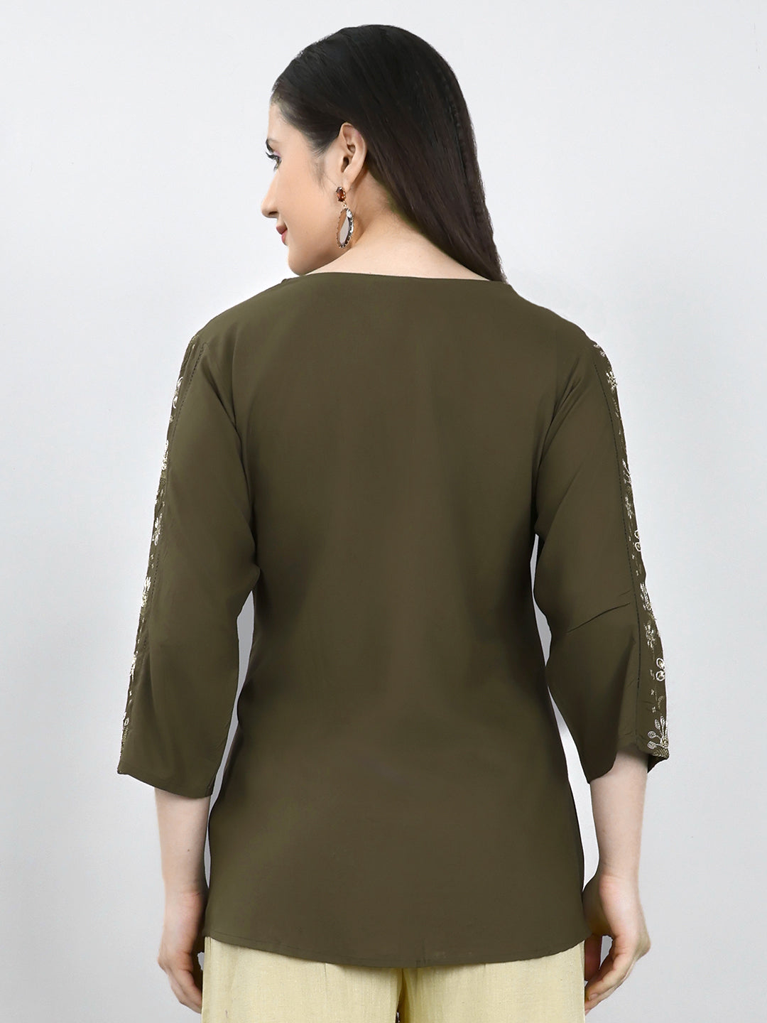 Women Olive Embroidered V Neck 3/4th Sleeve Top