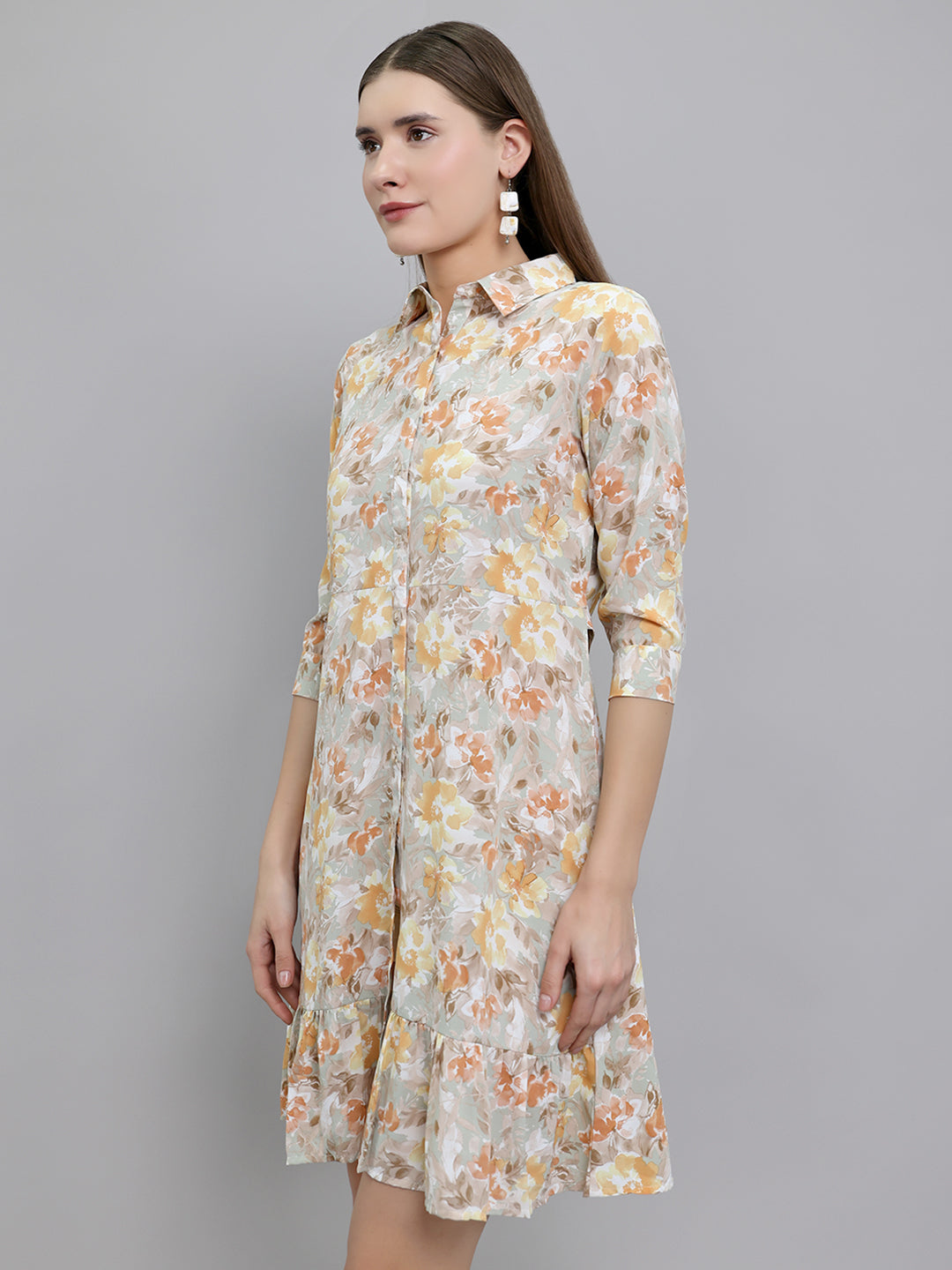 Women Camel Brown Floral Print Collar 3/4th Sleeve Tunic