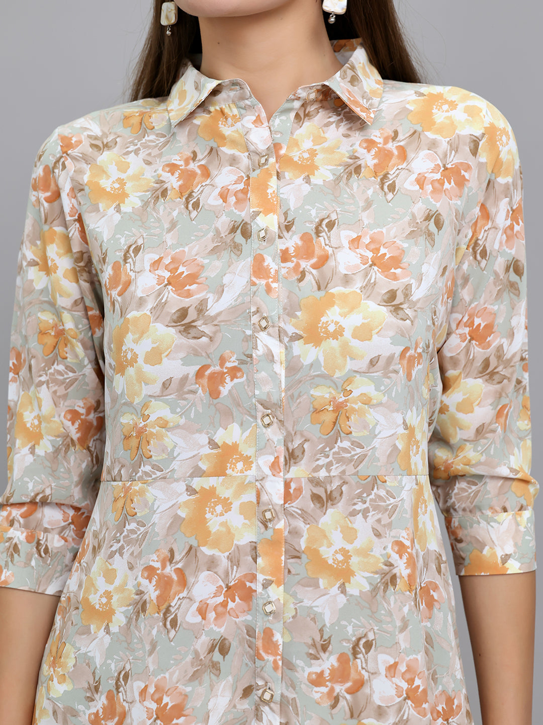 Women Camel Brown Floral Print Collar 3/4th Sleeve Tunic