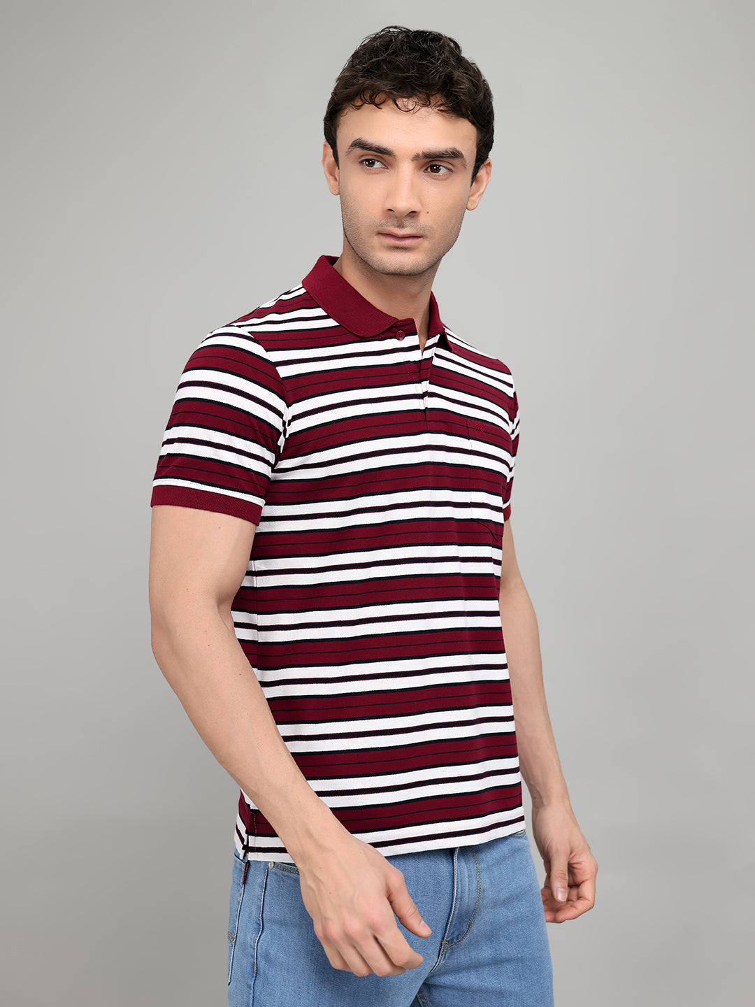 Men Maroon Stripe Collar Half Sleeve T-Shirt