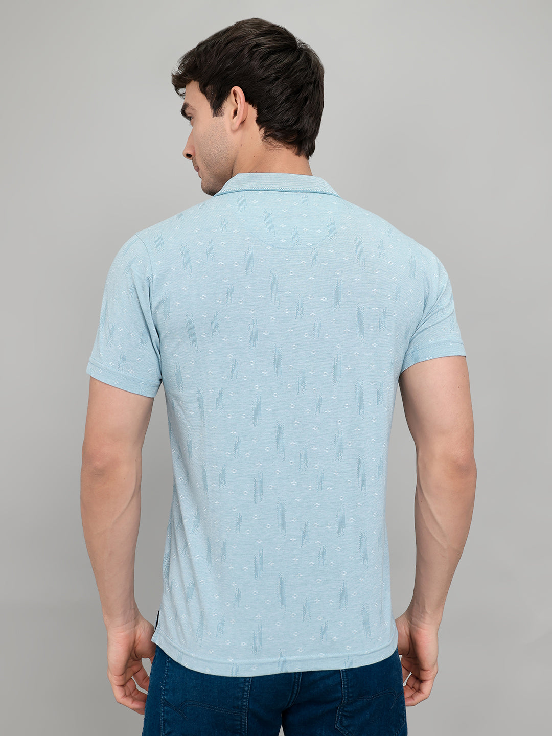 Men Sky Blue Stripe Collar Half Sleeve T-Shirt