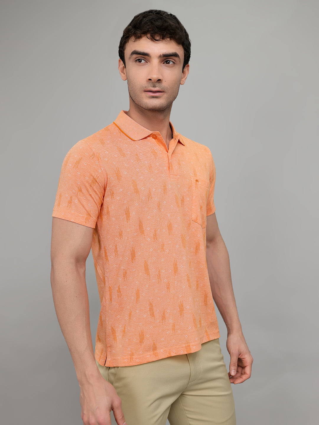 Men Orange Stripe Collar Half Sleeve T-Shirt