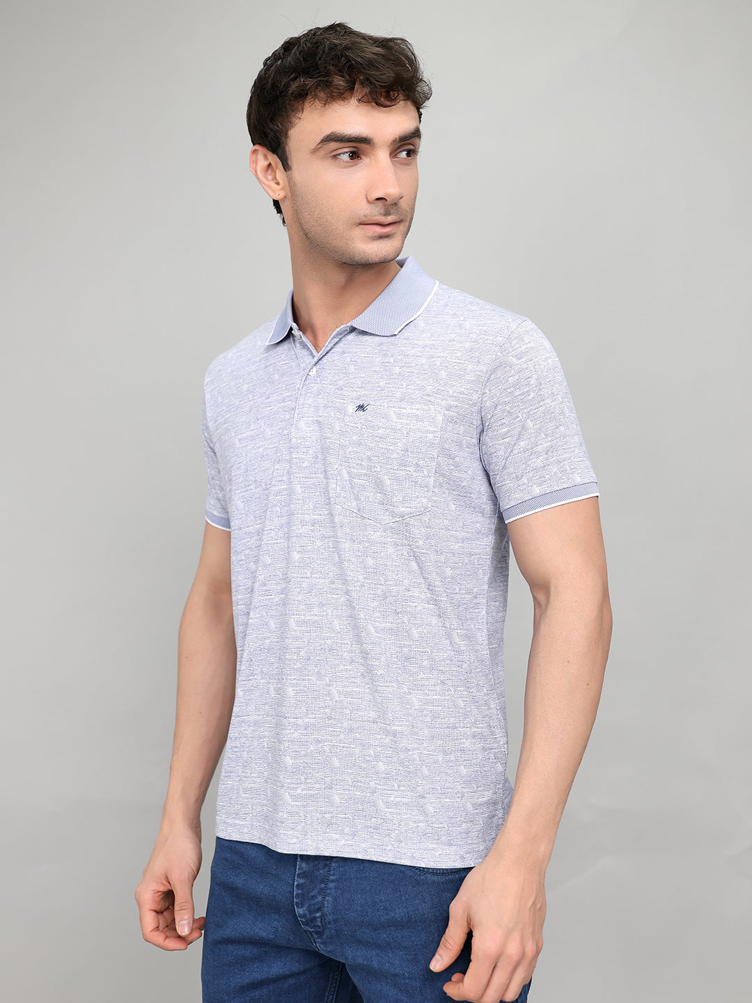 Men Blue Printed Collar Half Sleeve T-Shirt
