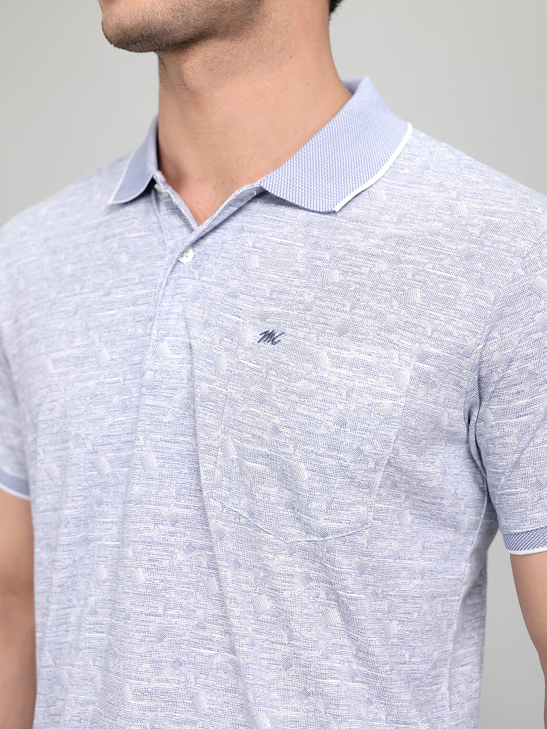 Men Blue Printed Collar Half Sleeve T-Shirt