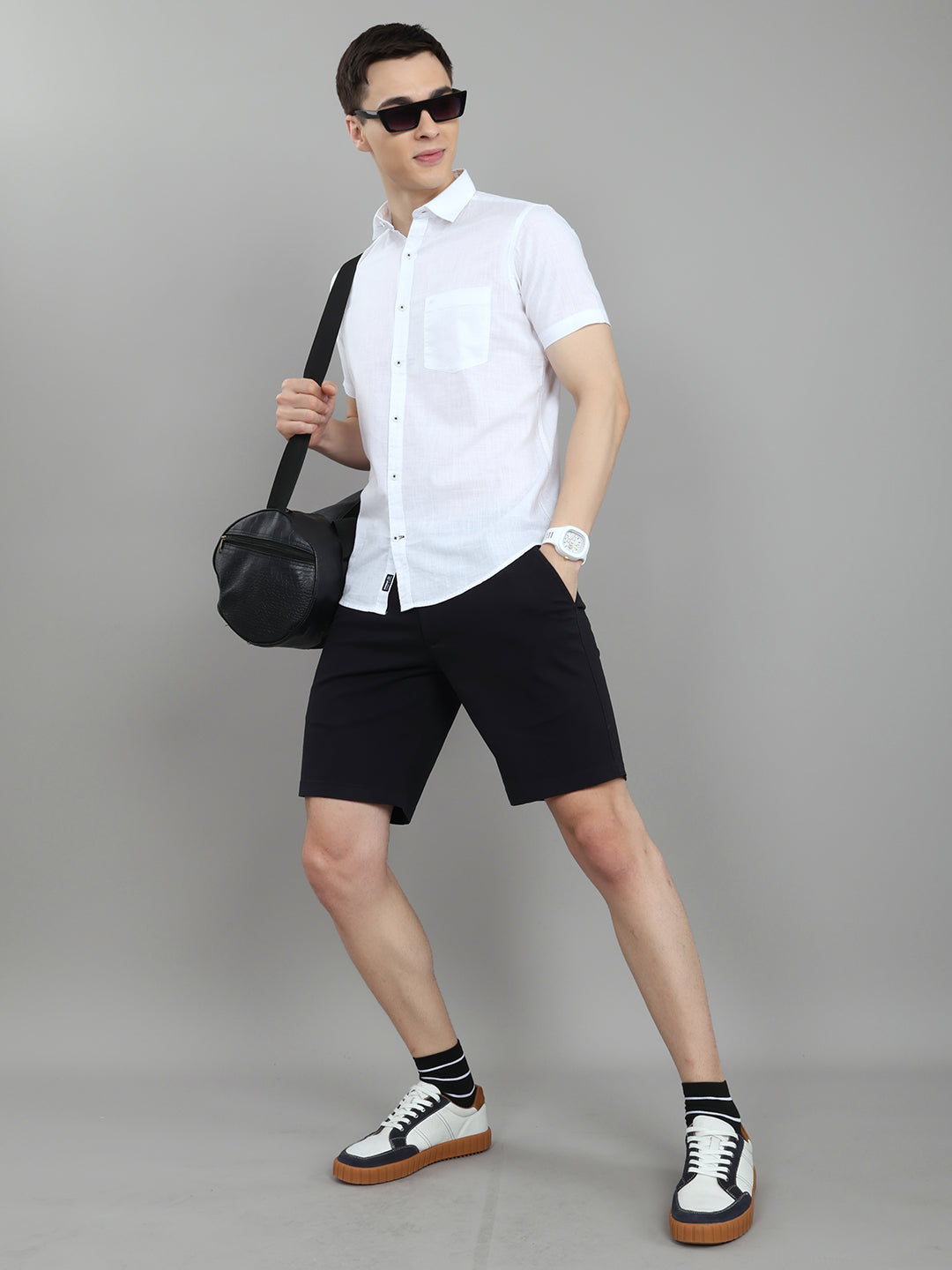 Men White Solid Collar Half Sleeve Shirt