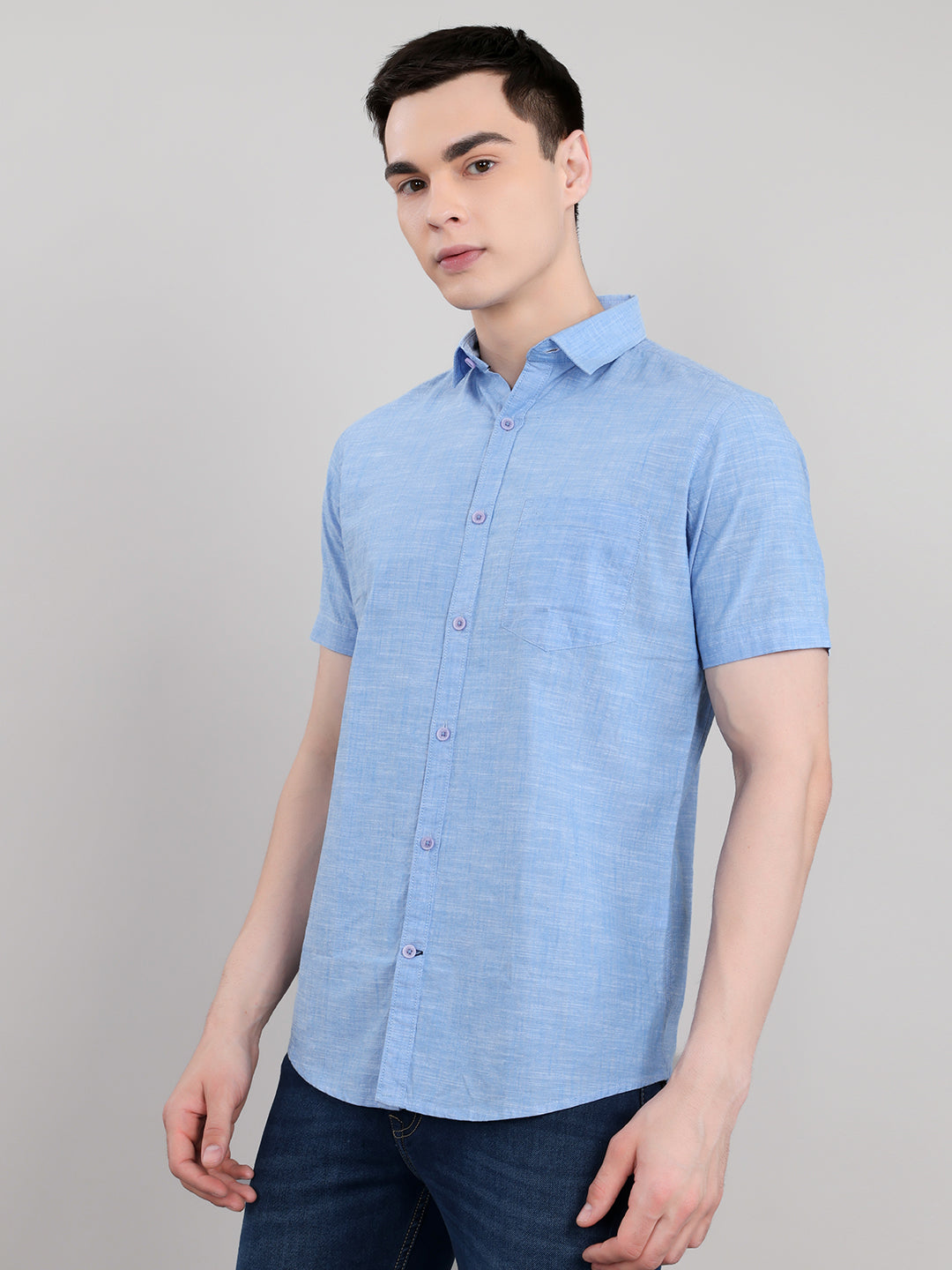 Men Blue Solid Collar Half Sleeve Shirt