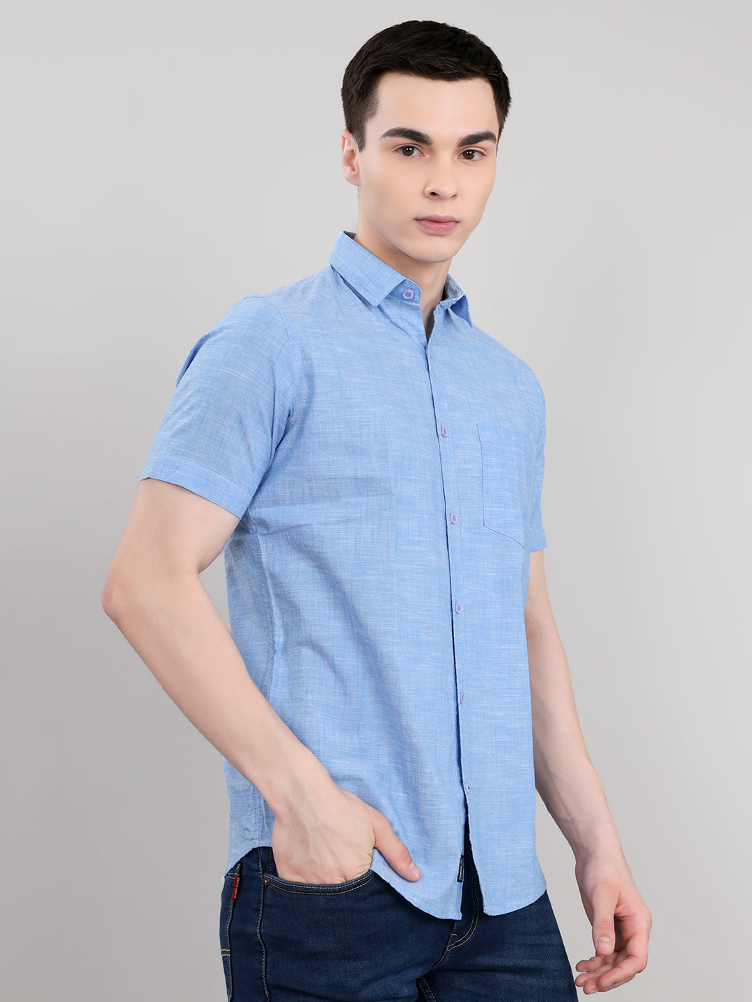 Men Blue Solid Collar Half Sleeve Shirt