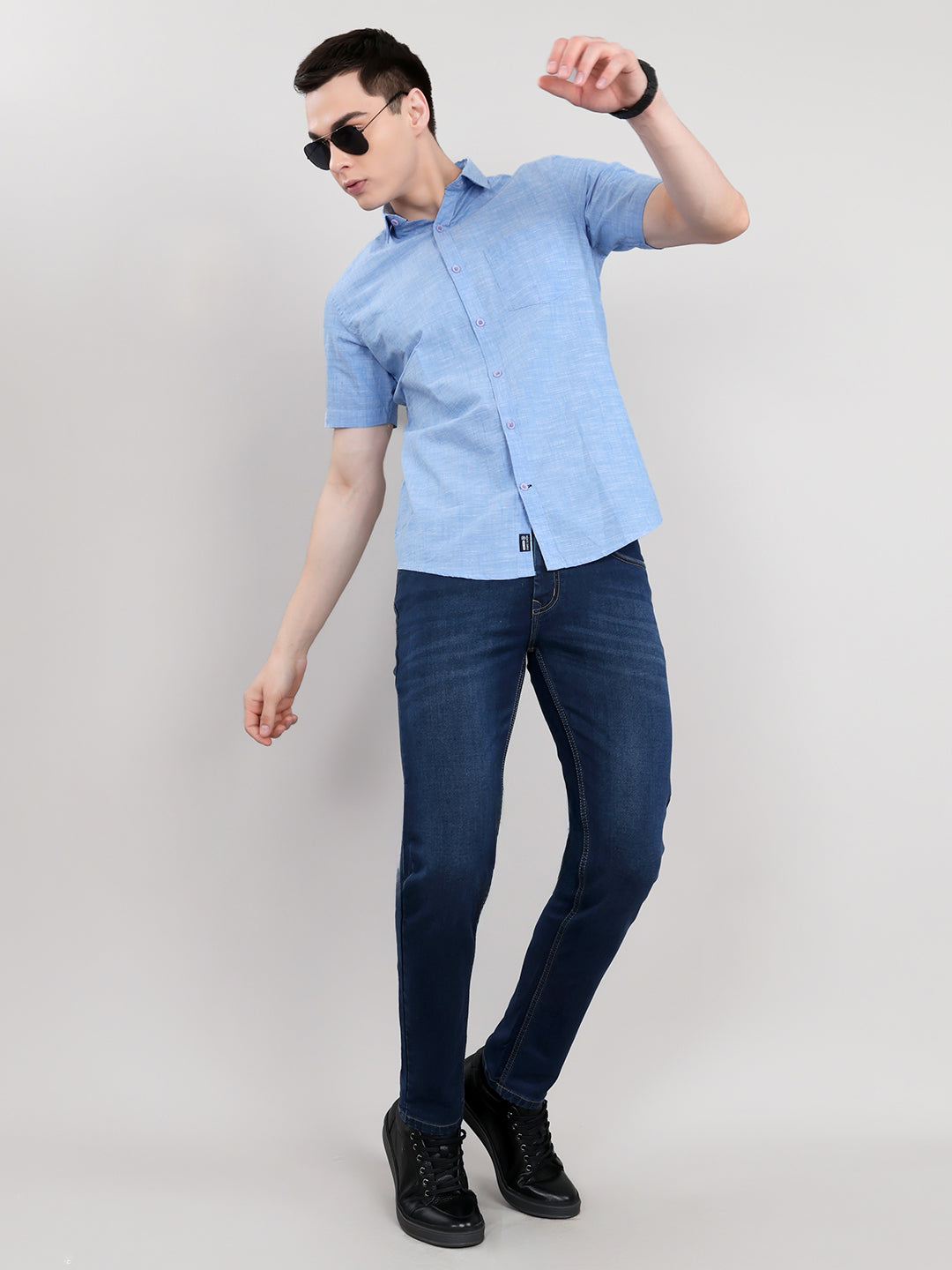 Men Blue Solid Collar Half Sleeve Shirt