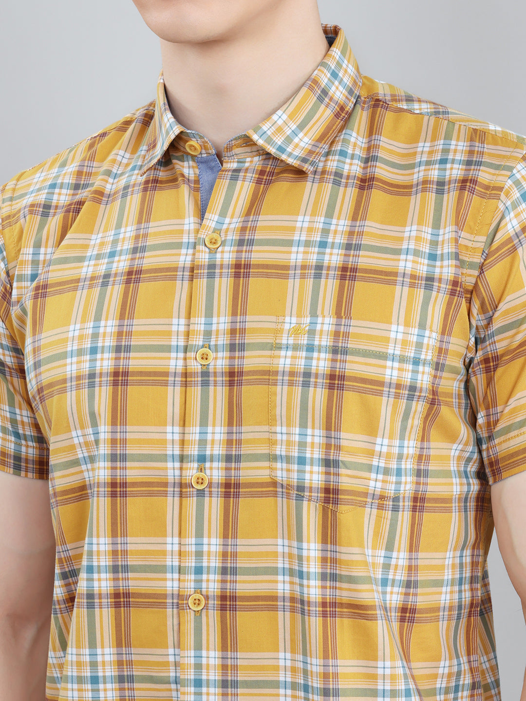 Men Mustard Check Collar Half Sleeve Shirt
