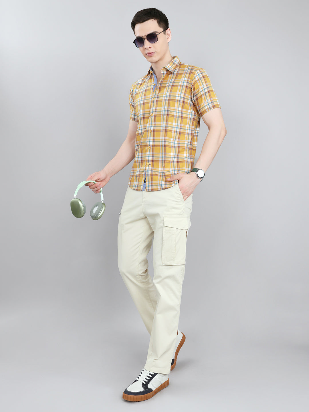 Men Mustard Check Collar Half Sleeve Shirt