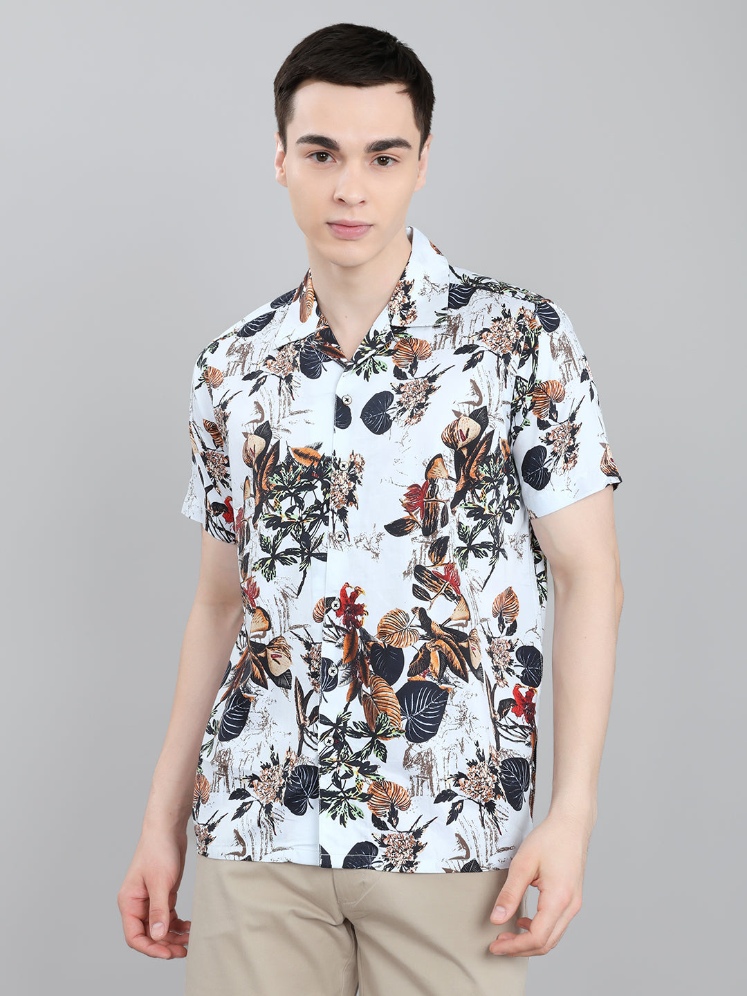 Men White Printed Collar Half Sleeve Shirt