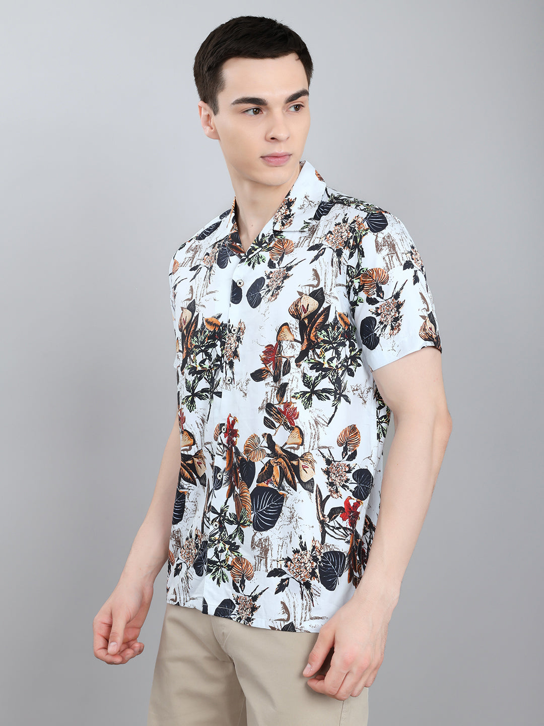 Men White Printed Collar Half Sleeve Shirt