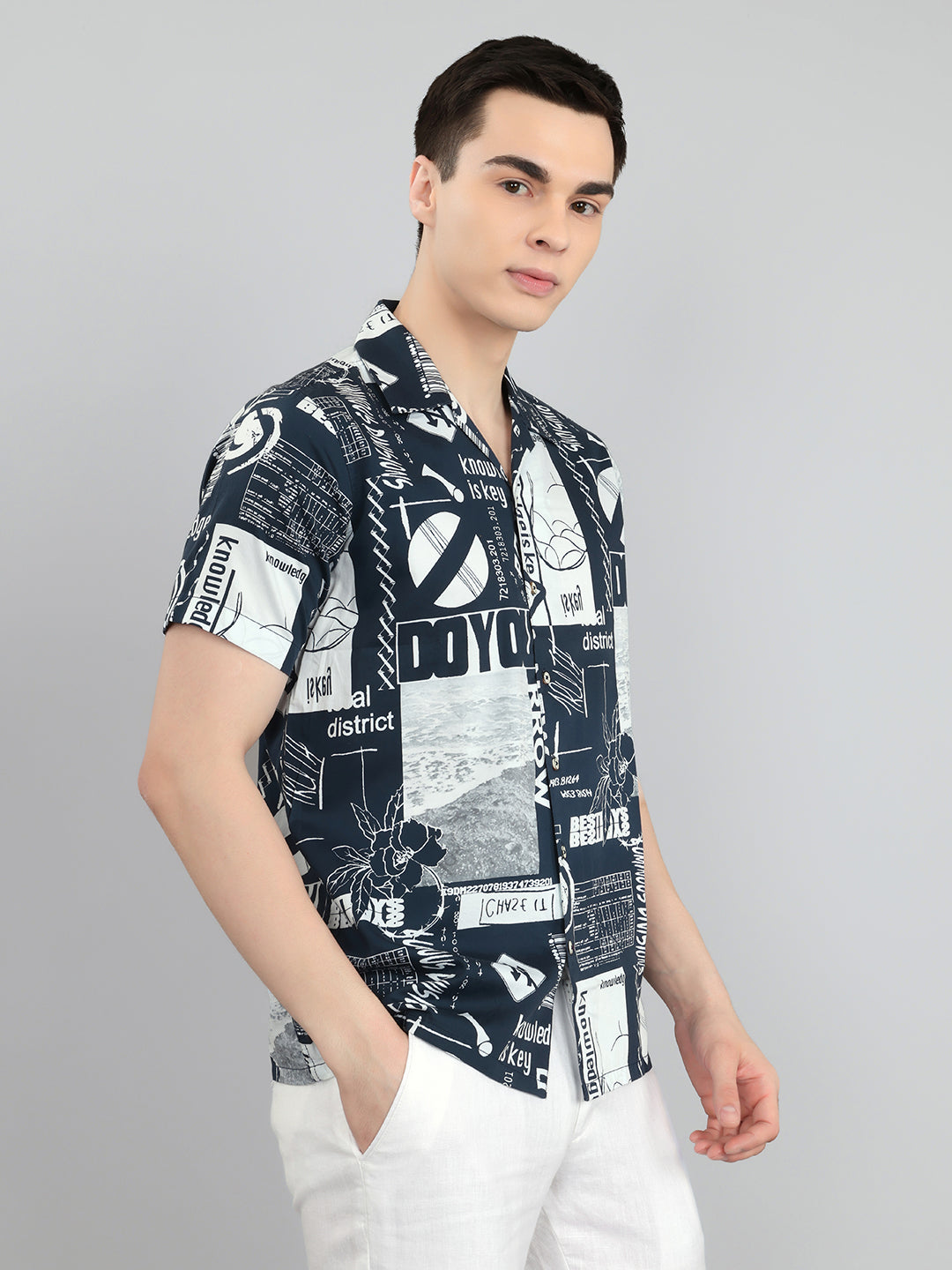 Men Navy Blue Printed Collar Half Sleeve Shirt