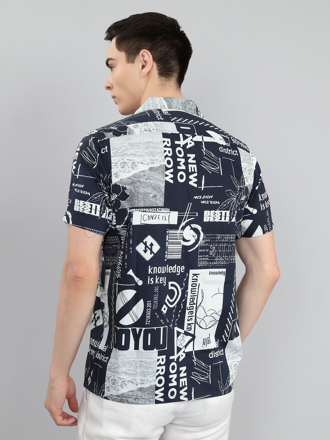 Men Navy Blue Printed Collar Half Sleeve Shirt