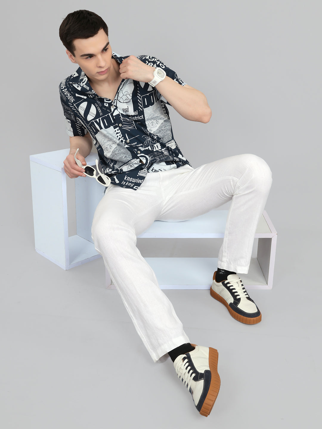 Men Navy Blue Printed Collar Half Sleeve Shirt