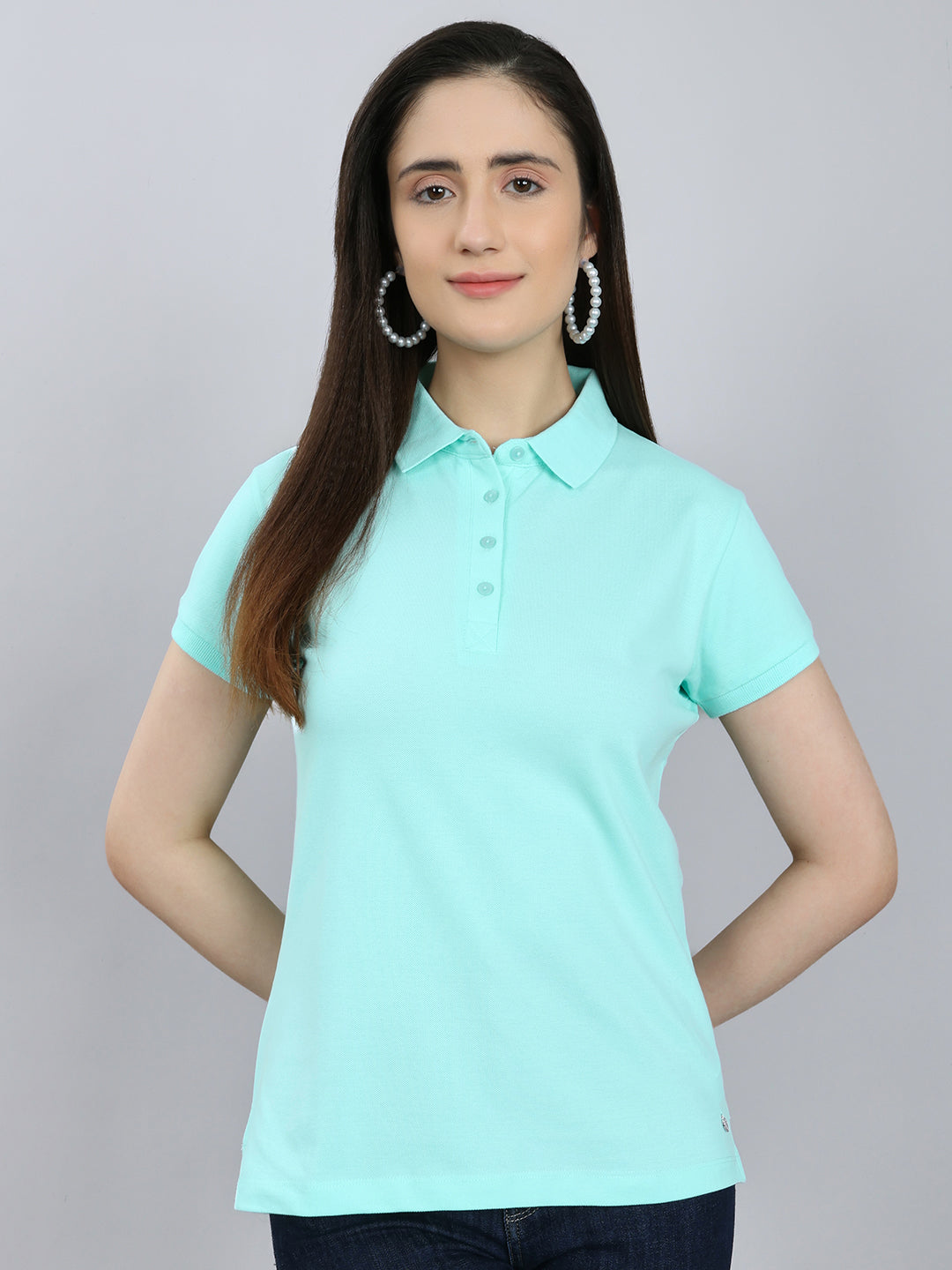 Women Turquoise Blue Solid Collar Half Sleeve T-Shirt