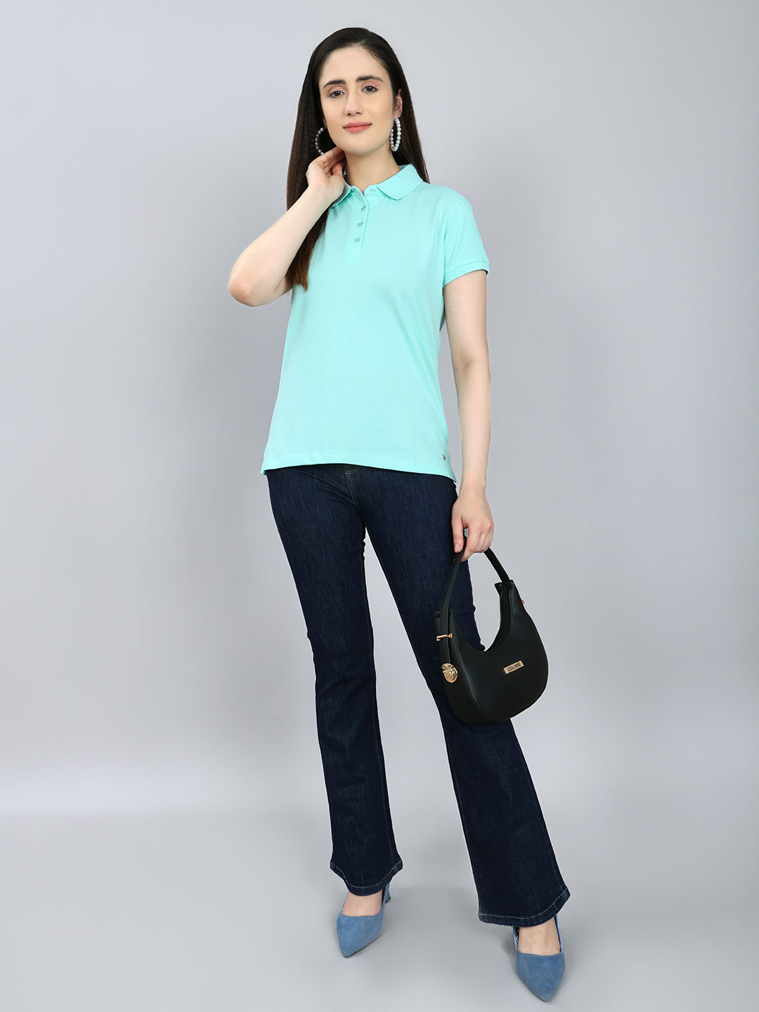 Women Turquoise Blue Solid Collar Half Sleeve T-Shirt